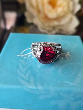 Premier Designs Silver Ring with Scarlet Red Gemstone, Sz 9